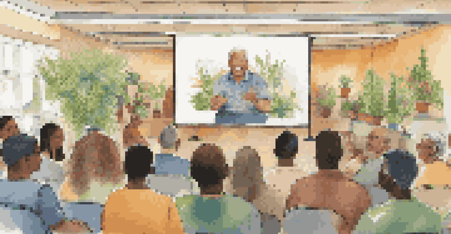 A financial representative sharing a success story in a community center, with a diverse audience engaged in the presentation.