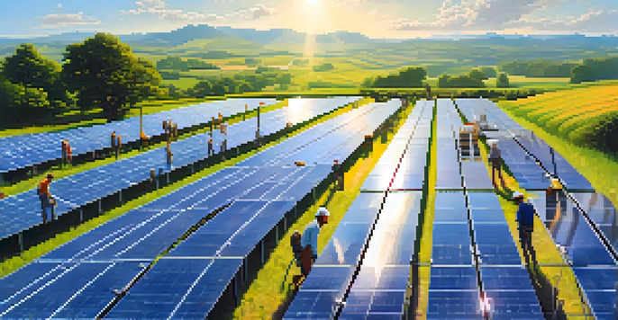 A solar farm in a green landscape with diverse individuals discussing renewable energy projects.