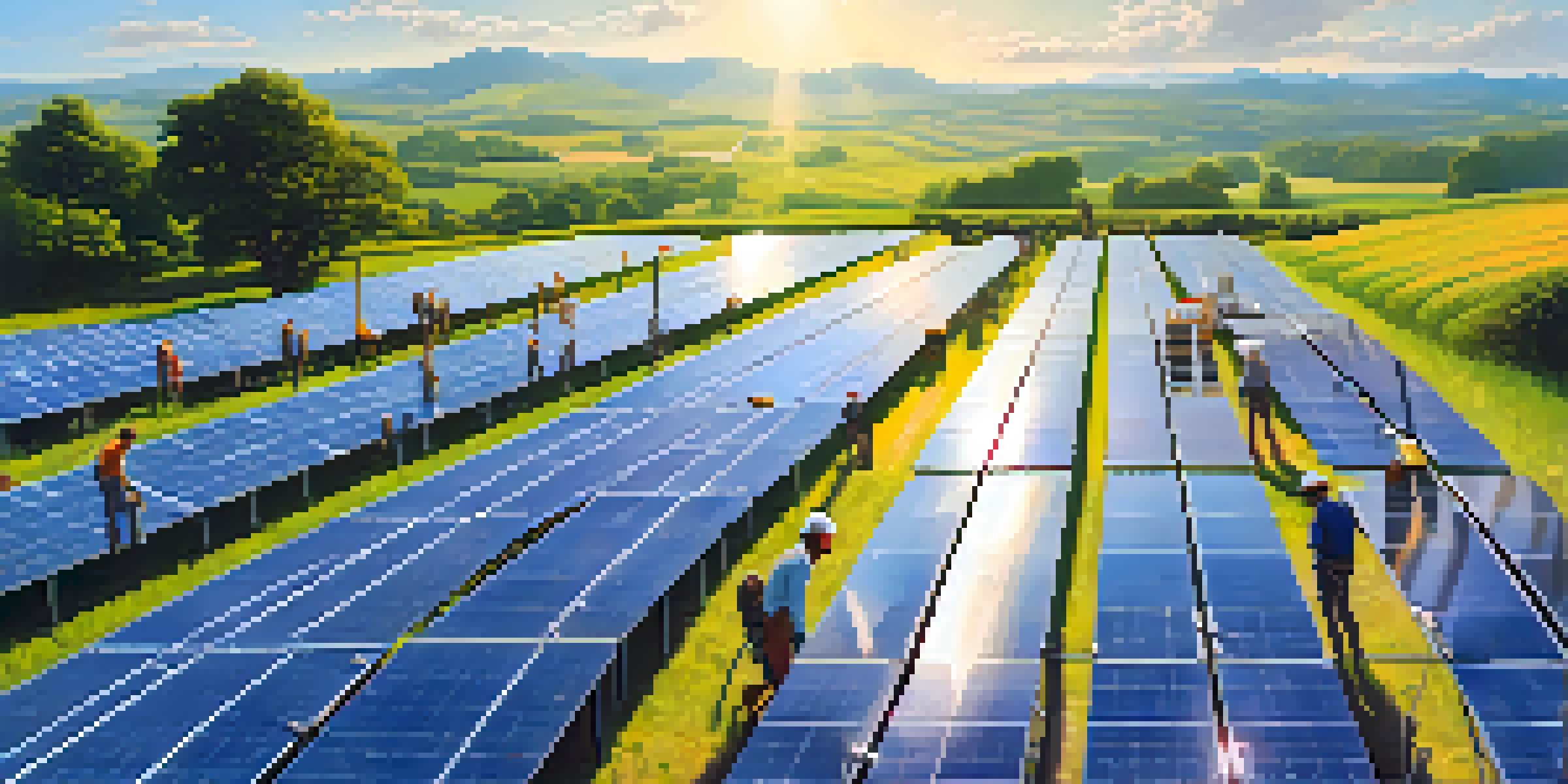 A solar farm in a green landscape with diverse individuals discussing renewable energy projects.