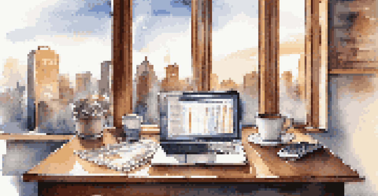 An office desk with a laptop, financial charts, and a cup of coffee, overlooking a bustling city through a large window.