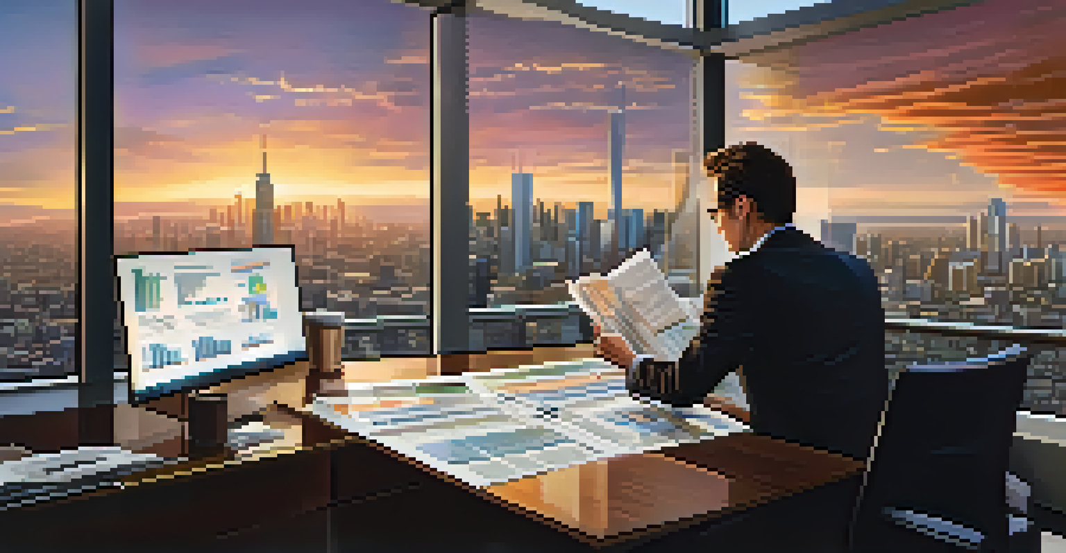An investor looking at financial graphs on a screen in a modern office with a sunset view of the city skyline.