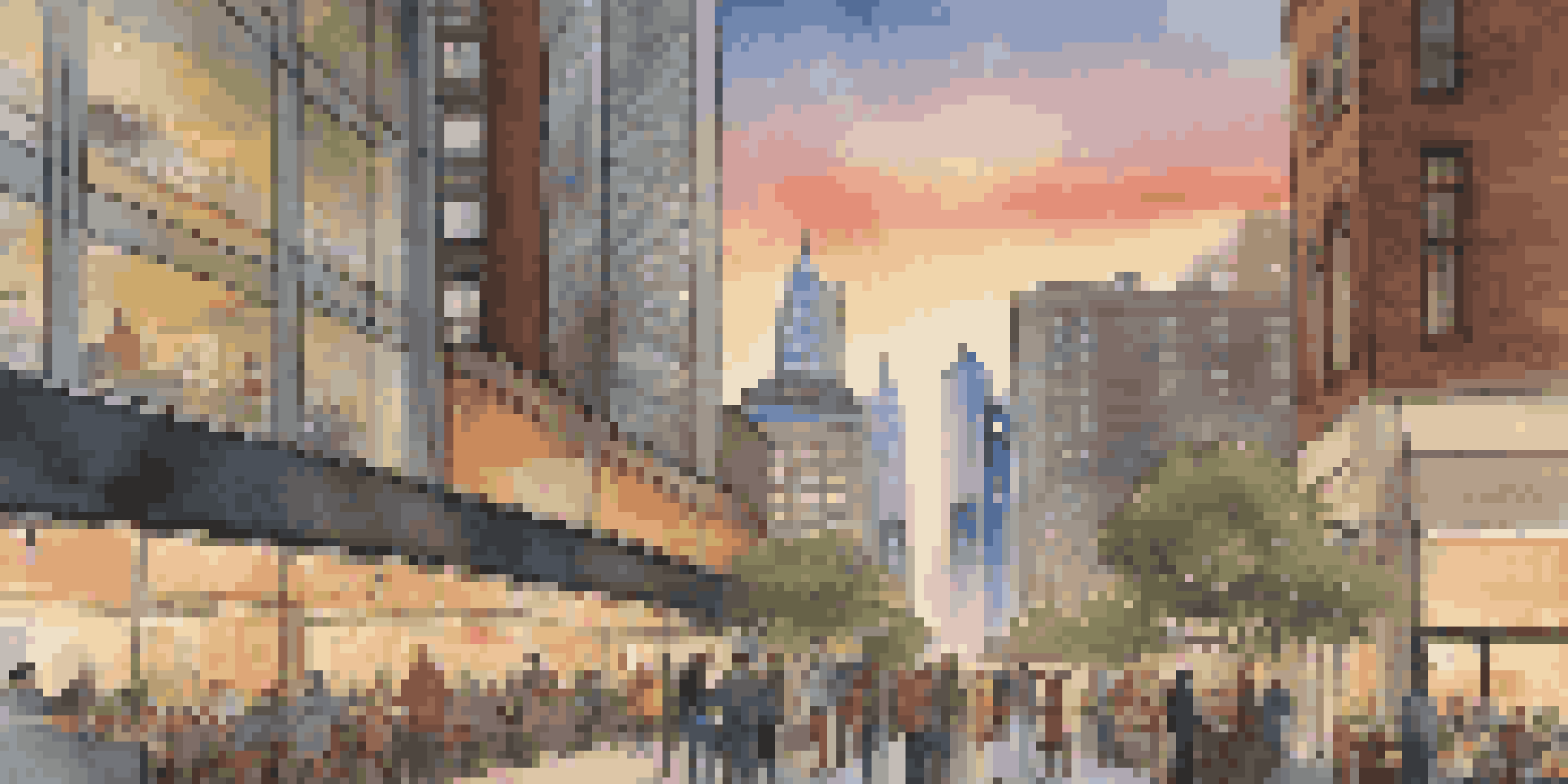 A city skyline at dusk with modern skyscrapers and a diverse group of people discussing real estate at an outdoor café.