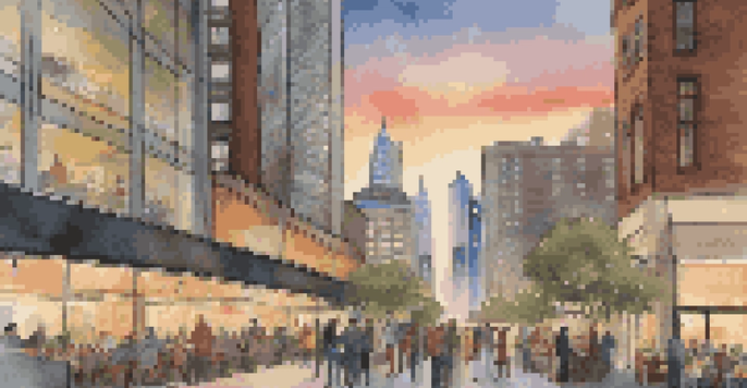 A city skyline at dusk with modern skyscrapers and a diverse group of people discussing real estate at an outdoor café.