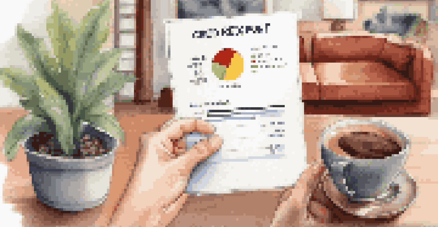 A close-up of a hand holding a credit report displaying a high score, with a blurred cozy living room in the background.