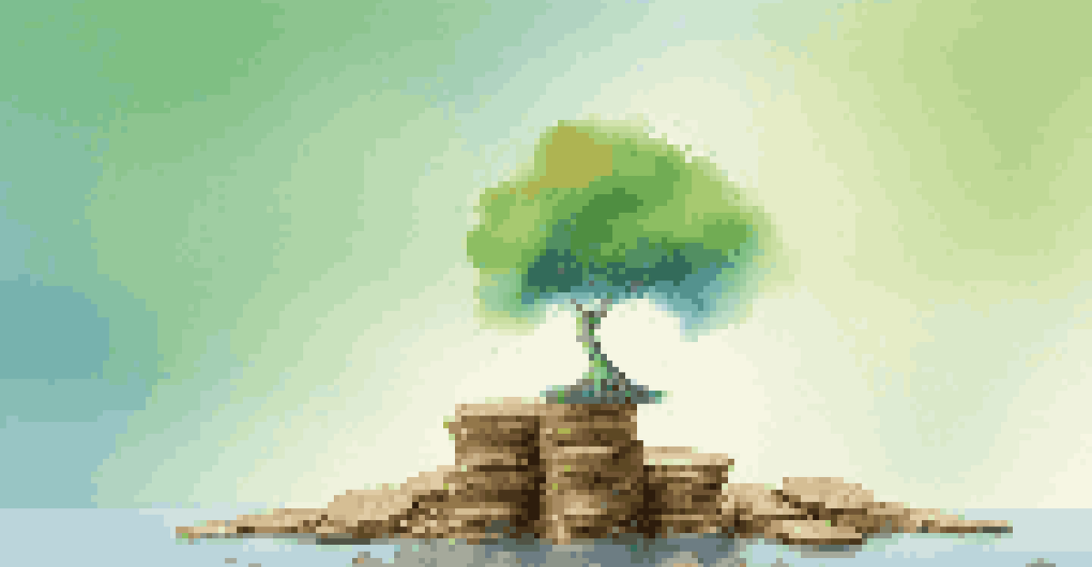A tree growing from a stack of coins against a gradient background, symbolizing financial growth with glistening leaves.