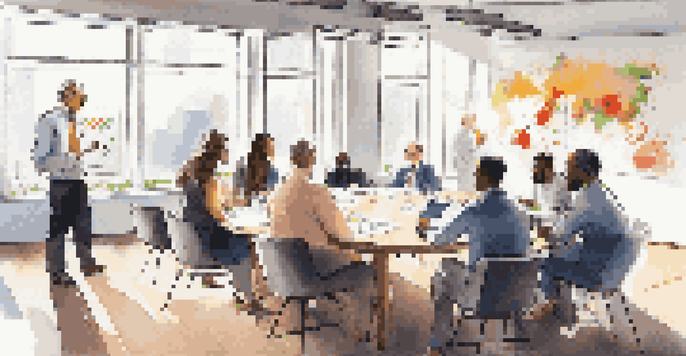 A diverse group of individuals discussing investment strategies in a bright meeting room with laptops and charts.