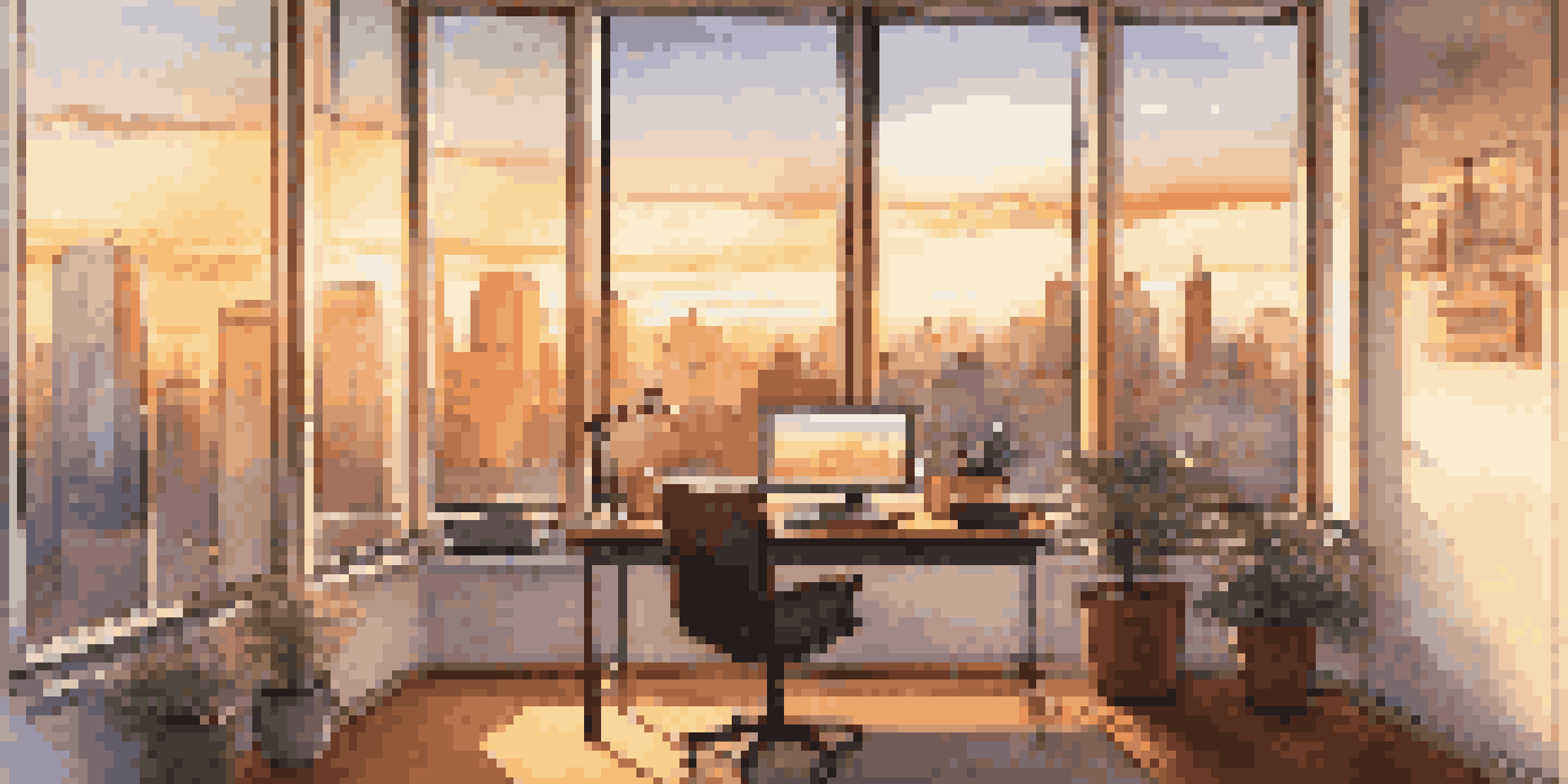 An office space with a view of the city skyline at sunset, featuring a desk with a laptop and a coffee cup.