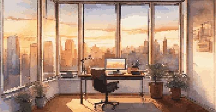An office space with a view of the city skyline at sunset, featuring a desk with a laptop and a coffee cup.