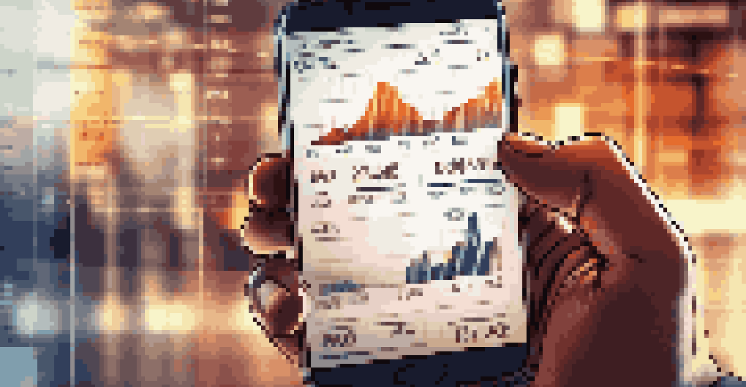 A close-up of a hand holding a smartphone showing stock market graphs and dividend information, with a blurred office background and warm lighting.