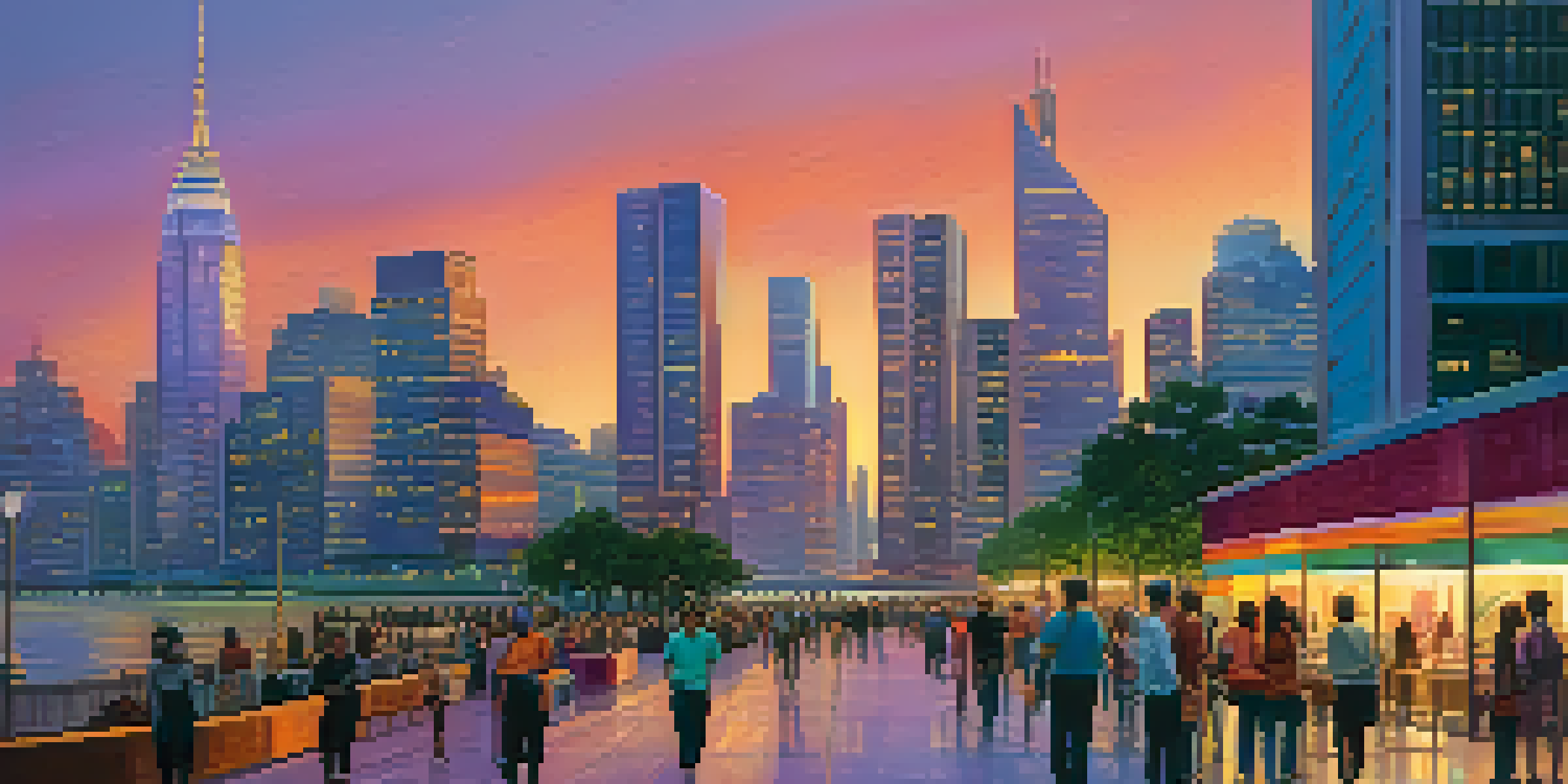A sunset view of a modern city skyline with skyscrapers and a river, filled with people walking along a promenade.