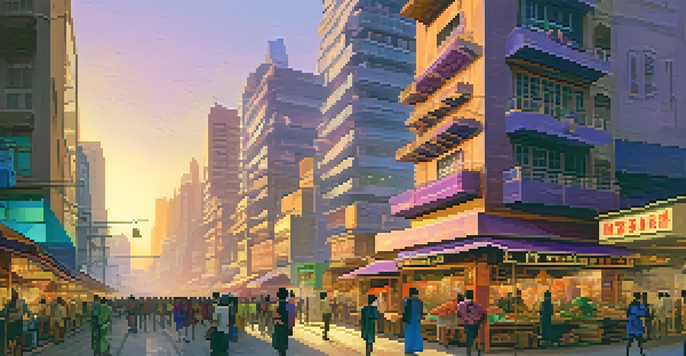 A colorful city skyline at sunset, depicting a blend of traditional and modern buildings with bustling streets and markets.