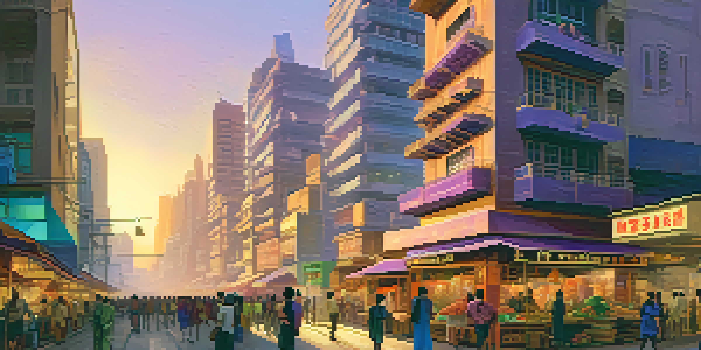A colorful city skyline at sunset, depicting a blend of traditional and modern buildings with bustling streets and markets.