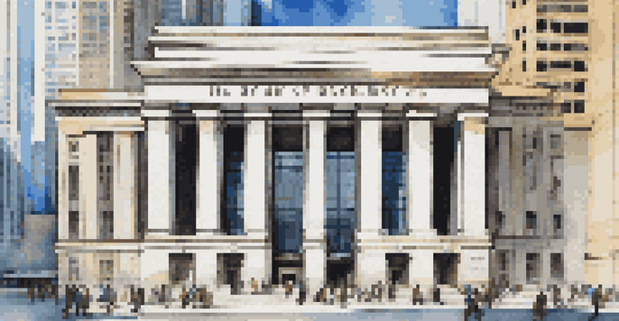 A central bank building in a financial district, with people walking in front and modern skyscrapers around.