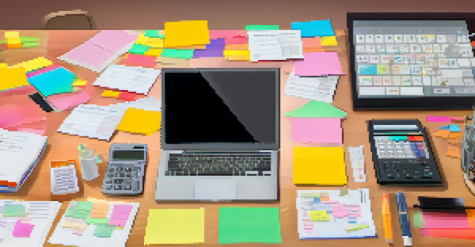 Overhead view of a financial planner's desk with a laptop, files, calculator, and colorful sticky notes in bright lighting.