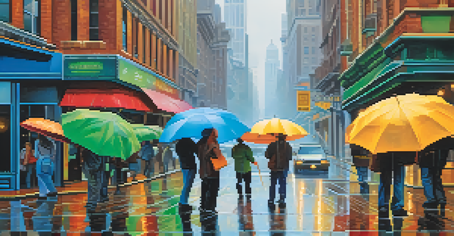 A metaphorical umbrella shielding a small business from rain, symbolizing cash reserves for unexpected expenses, against a bustling city backdrop.