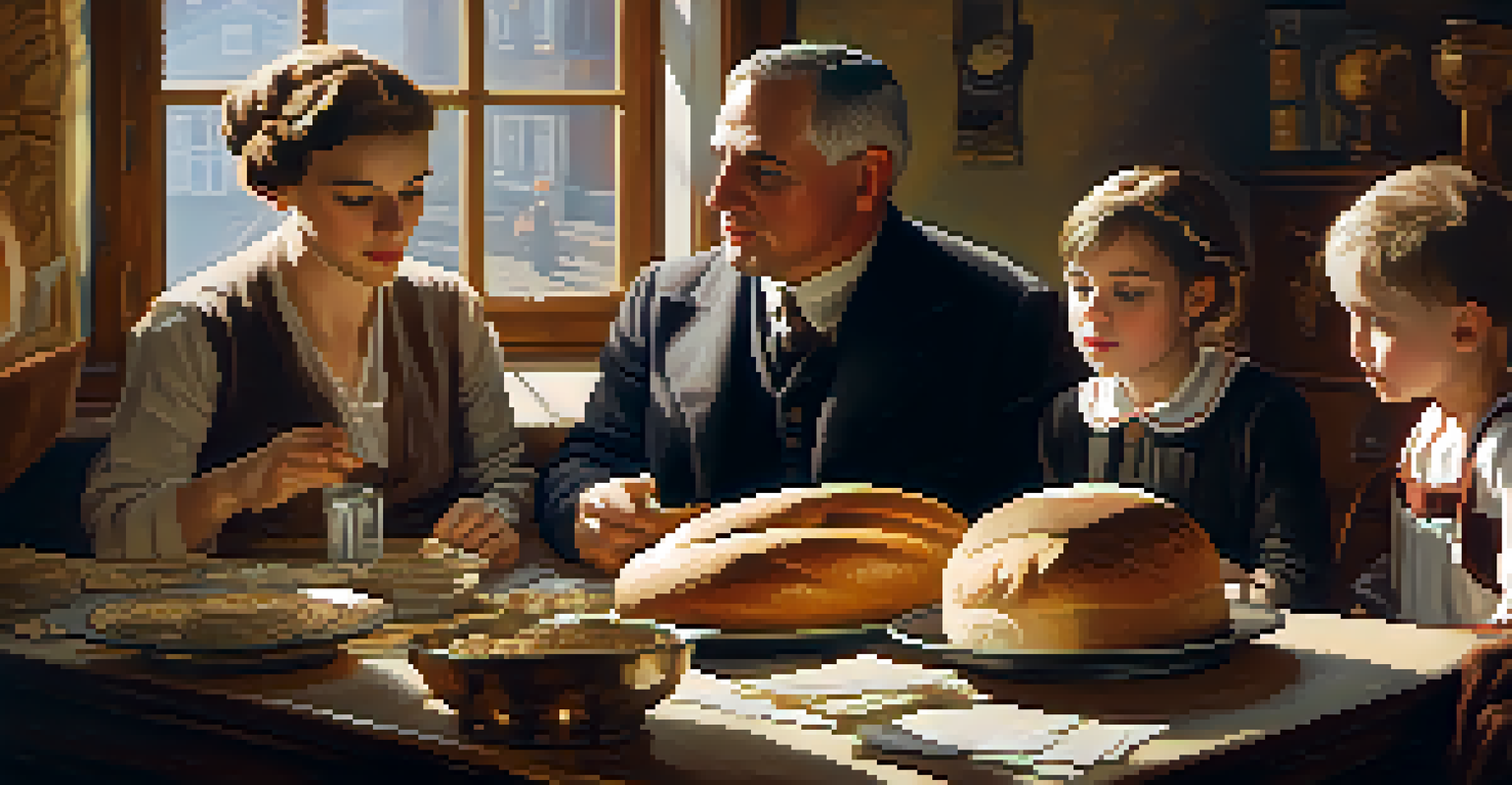 A family in Weimar Germany surrounded by piles of bread and banknotes, reflecting the impact of hyperinflation in a vintage setting.