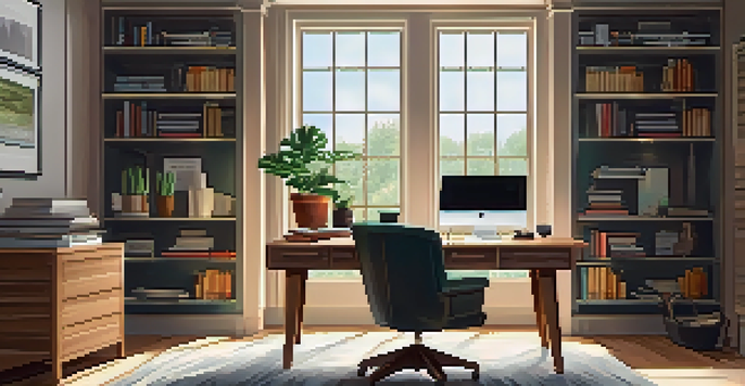 A cozy home office with a wooden desk, a laptop, and a window bringing in natural light.
