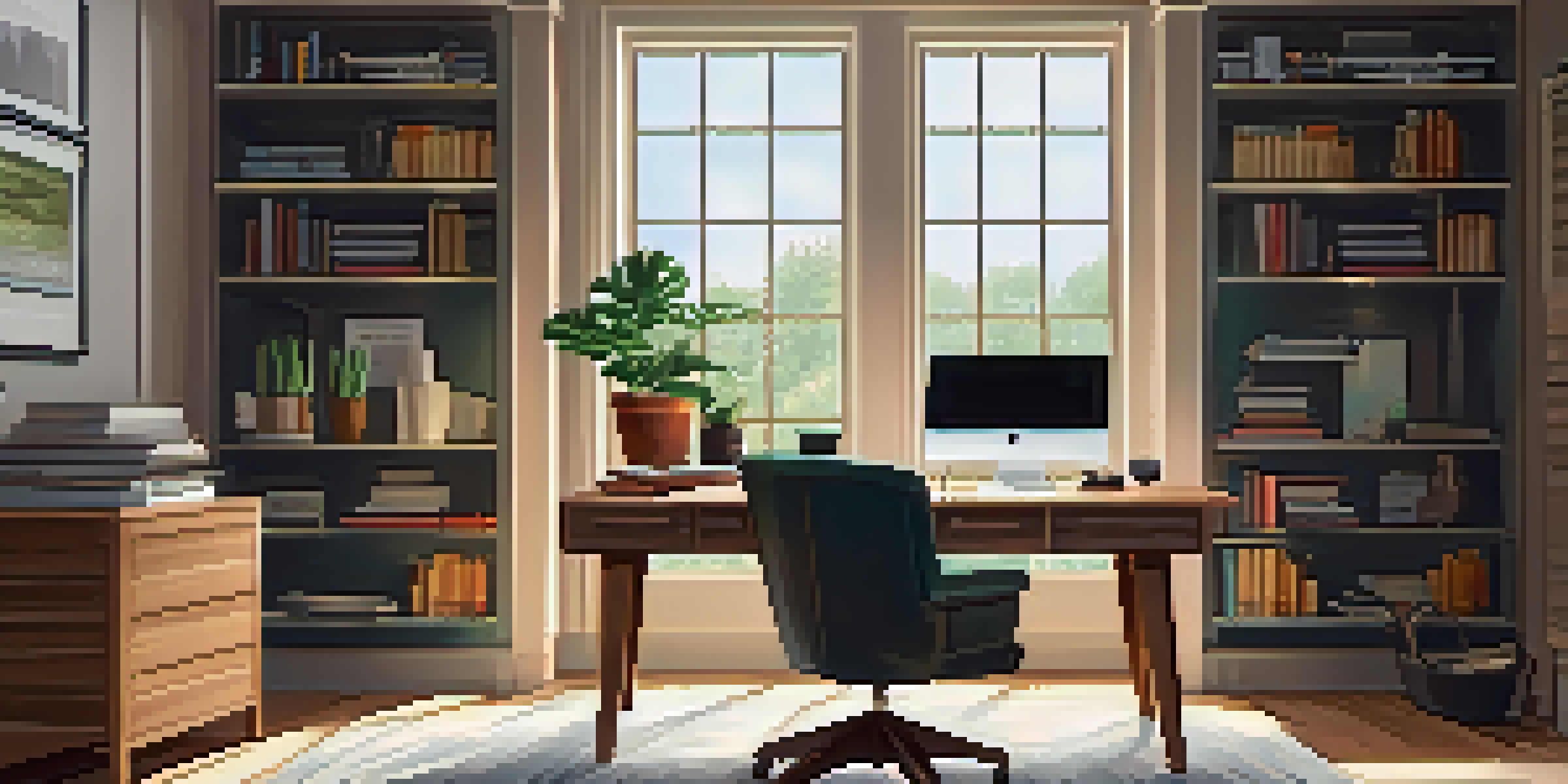 A cozy home office with a wooden desk, a laptop, and a window bringing in natural light.