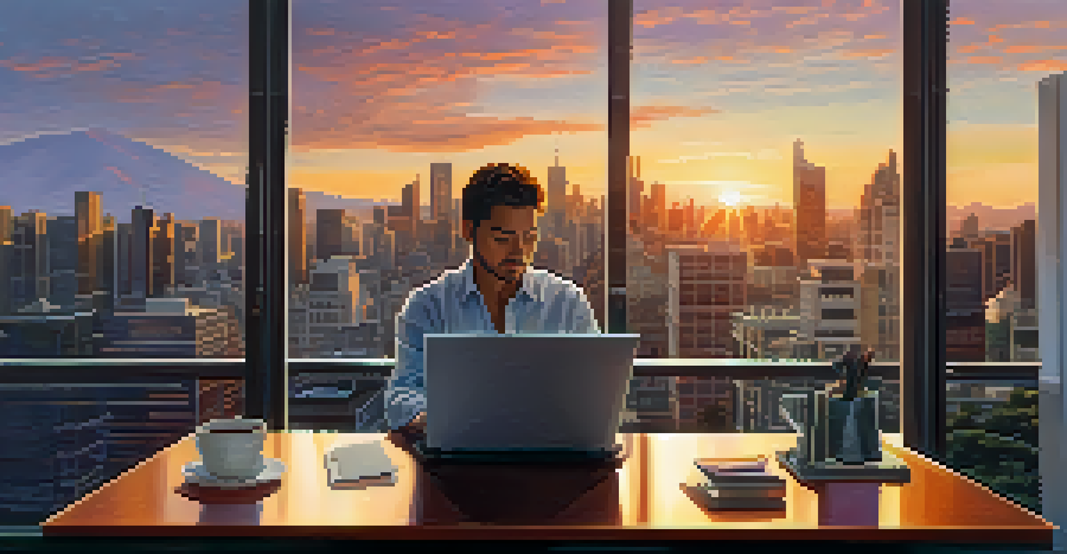 A person working on investment planning at a desk with a city skyline in the background, illuminated by sunset.