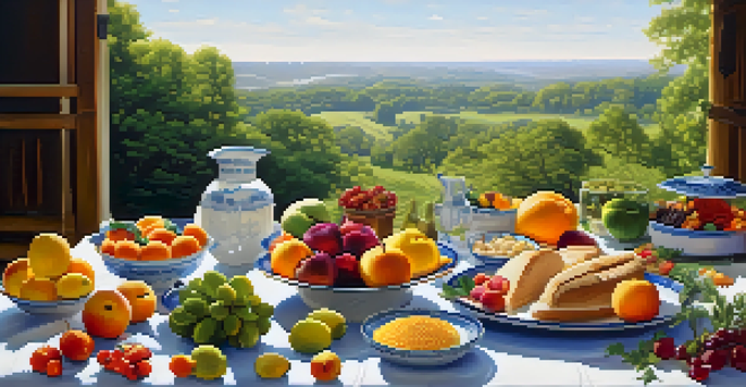 A balanced meal displayed outdoors, representing the concept of asset allocation with various food groups arranged harmoniously.
