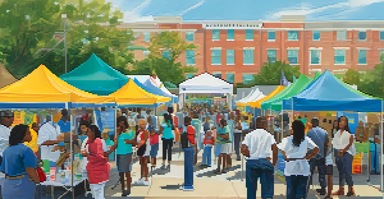 A community health fair scene with families interacting with healthcare providers and booths promoting health equity.