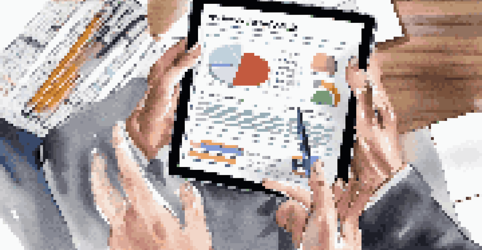 A financial planner's hands holding a tablet displaying a retirement portfolio, with planning materials on the desk.