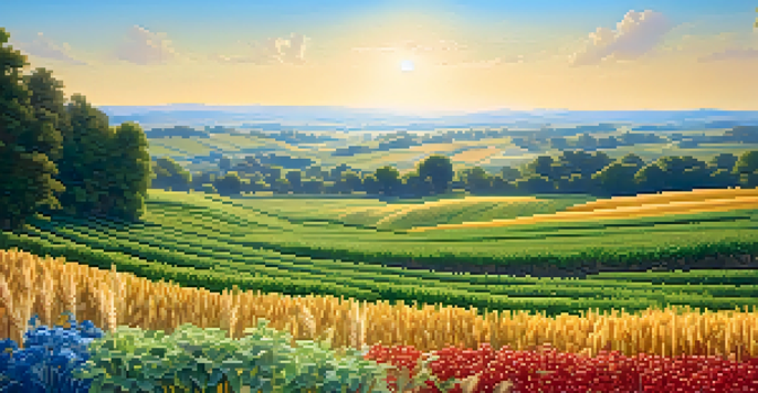 A diverse array of crops in a field, symbolizing wealth diversification in investments, with sunlight illuminating the scene.
