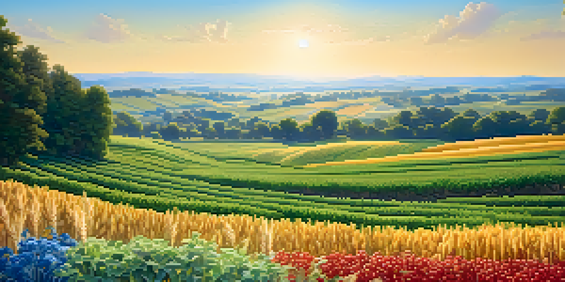 A diverse array of crops in a field, symbolizing wealth diversification in investments, with sunlight illuminating the scene.