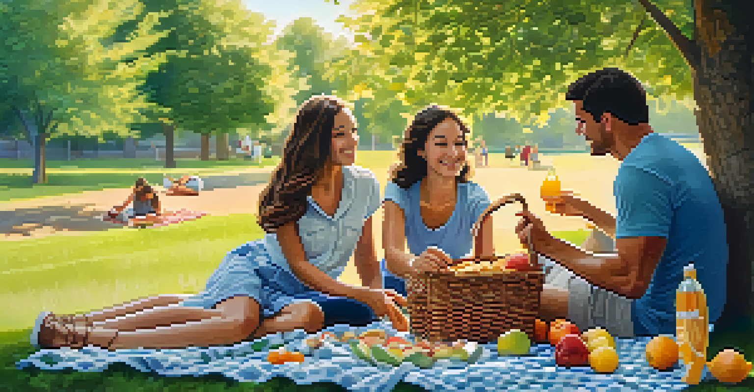 A family having a picnic in a park, playing games on a blanket with a basket of fruits and snacks.