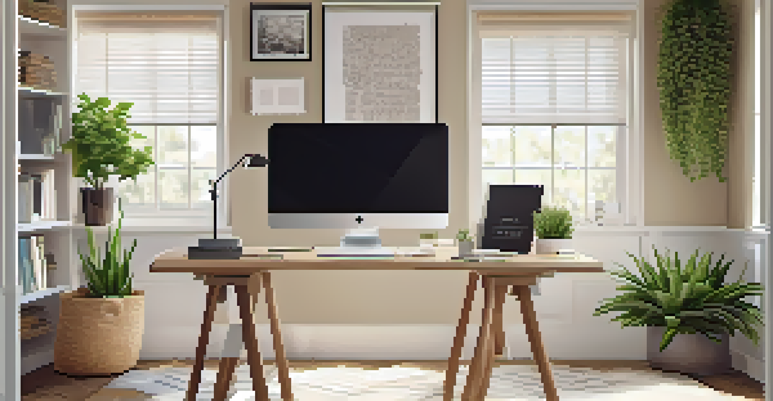 A stylish home office with a desk, laptop, and tax forms, illuminated by natural light, featuring family photos and decor.