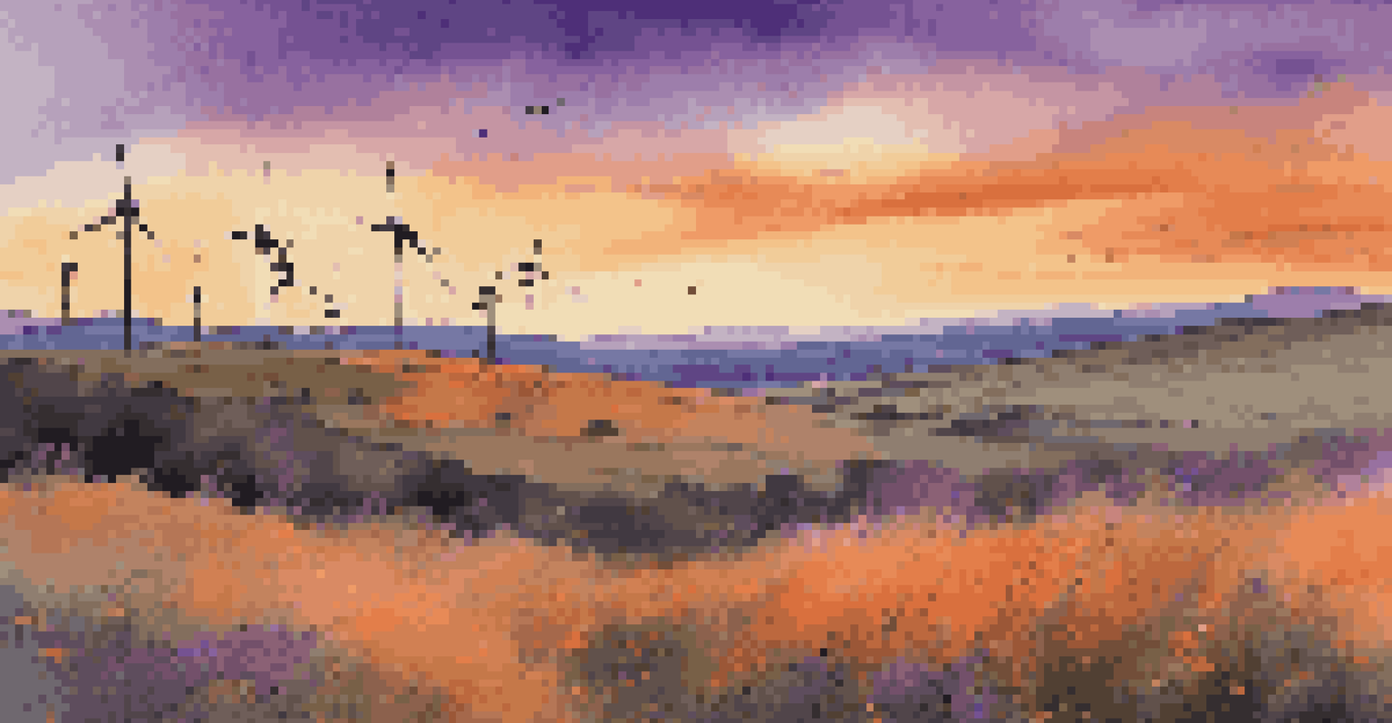 A scenic sunset view of a wind farm with silhouetted turbines against a colorful sky, set in a grassy landscape with wildflowers.