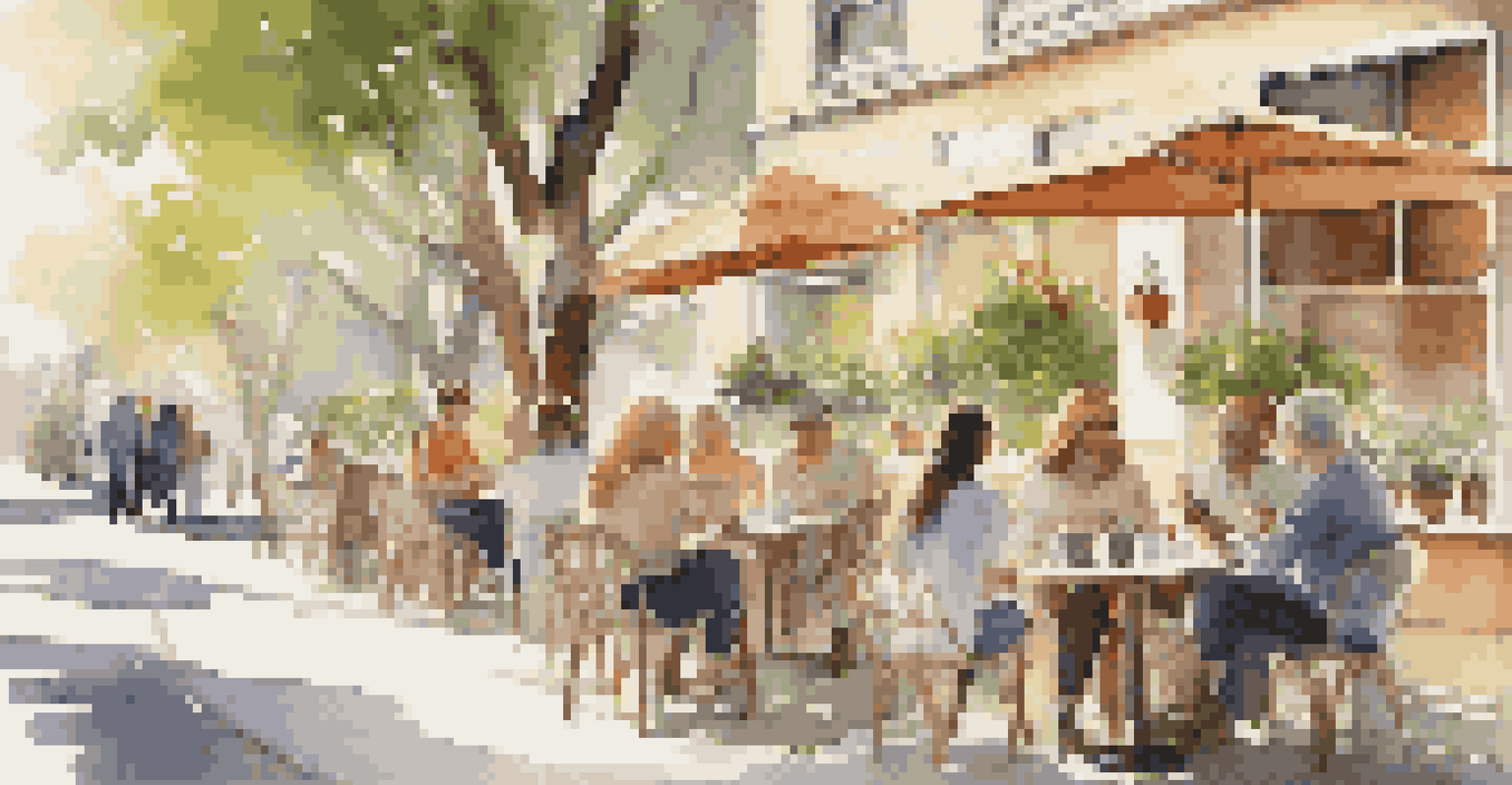 Friends enjoying a coffee meet-up at a cozy café, surrounded by plants and sunlight filtering through trees.
