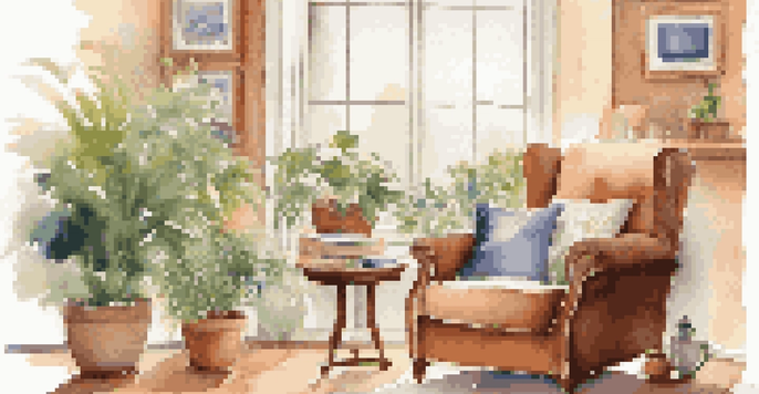 A peaceful retirement corner with an armchair, plants, and financial documents, illustrating the comfort of annuities.