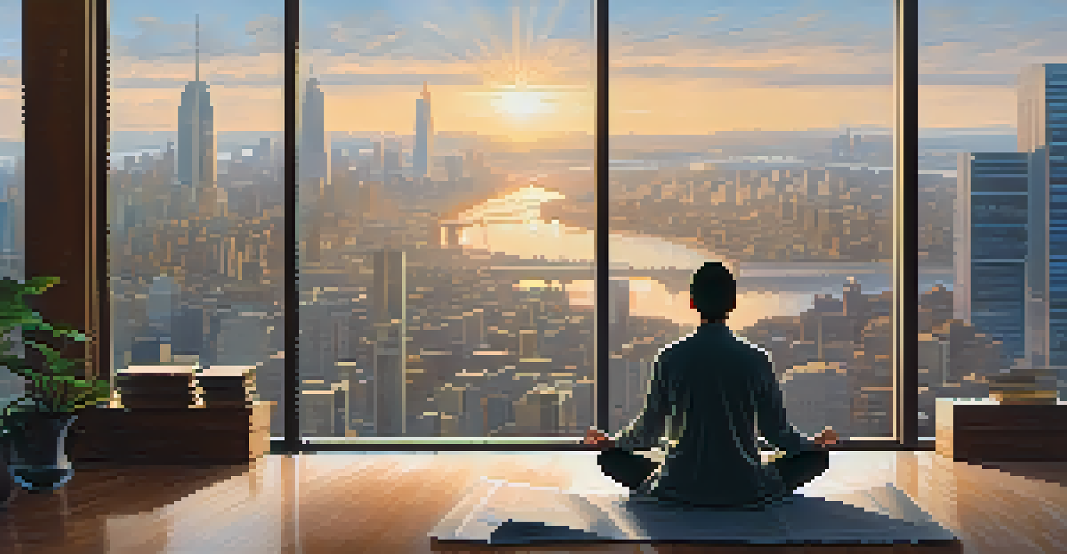 A person meditating with financial books by a window overlooking a city skyline.
