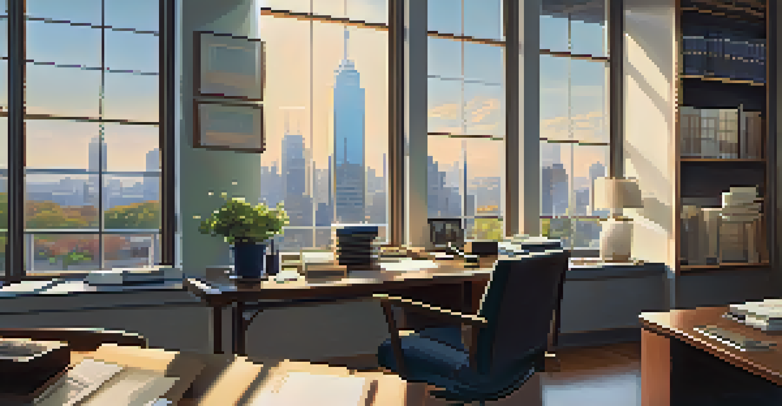 An office with a city skyline view, featuring a desk with financial books and a calculator, bathed in sunlight.