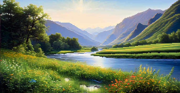 A tranquil valley with a river, wildflowers, and mountains under a clear sky.