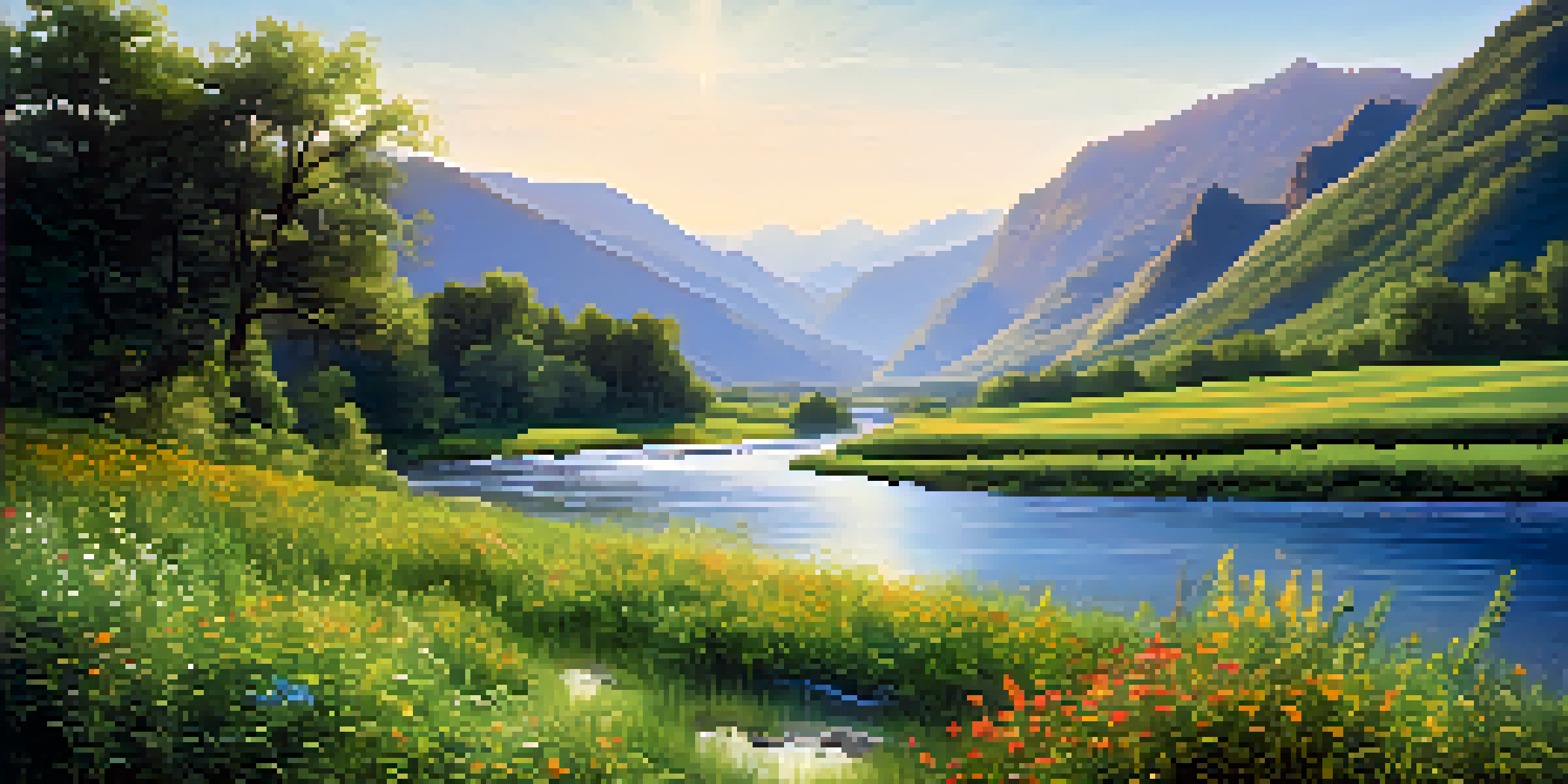 A tranquil valley with a river, wildflowers, and mountains under a clear sky.