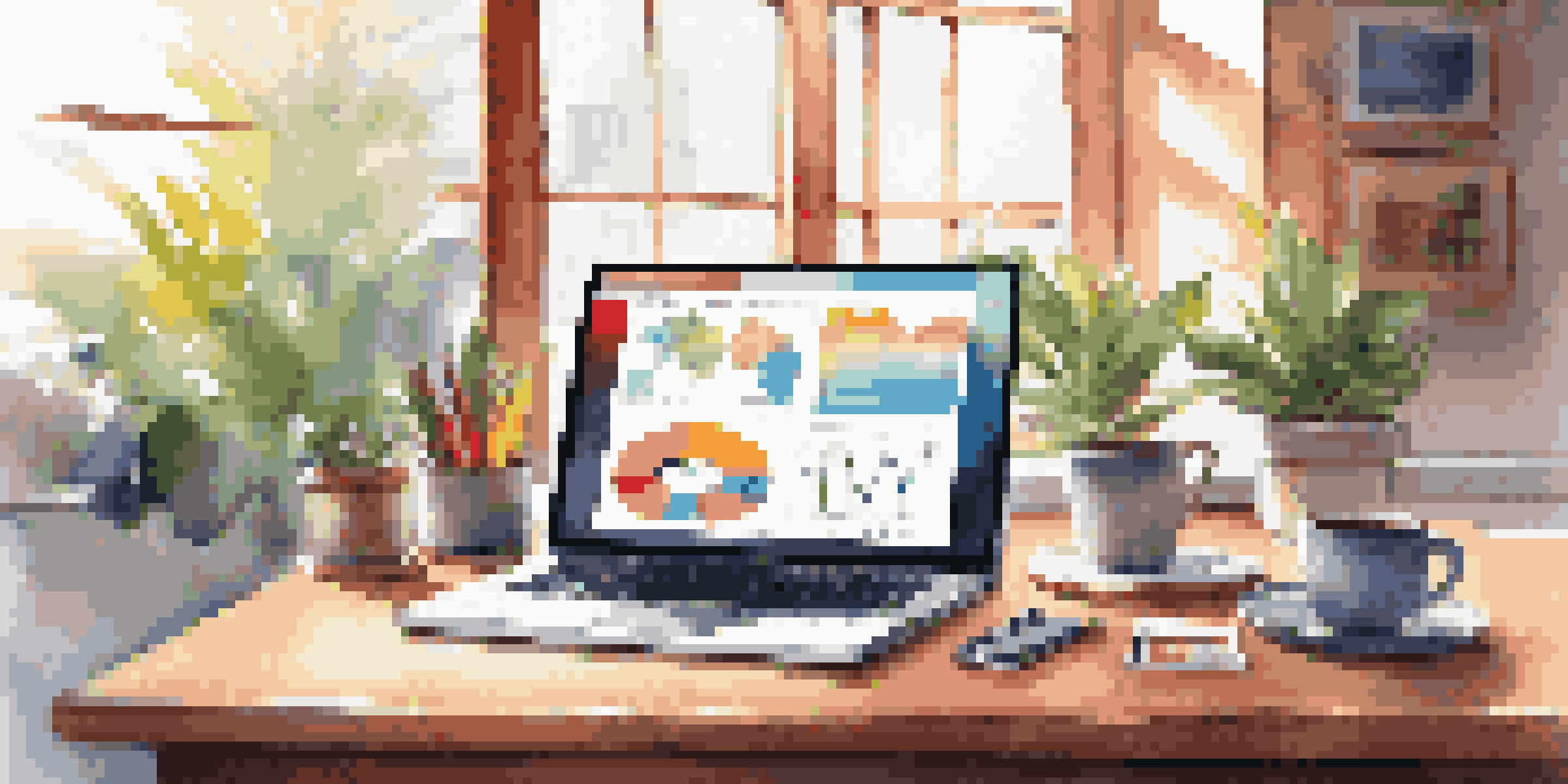 A bright workspace with a laptop showing a financial dashboard, colorful stationery, a potted plant, and a cup of coffee on a wooden desk.