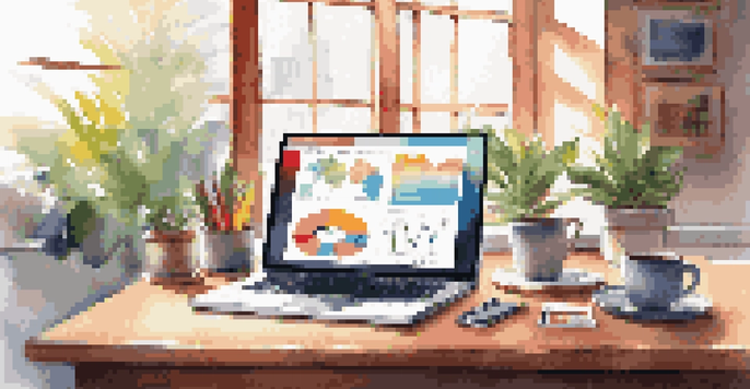 A bright workspace with a laptop showing a financial dashboard, colorful stationery, a potted plant, and a cup of coffee on a wooden desk.