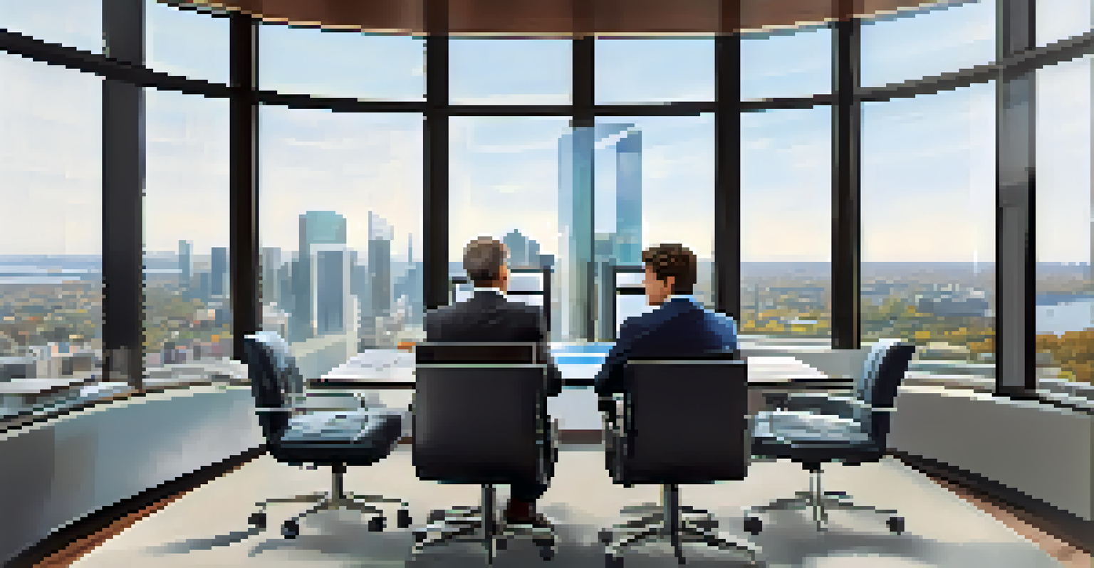 A financial advisor showing a client a financial plan on a tablet in a modern conference room with city views.
