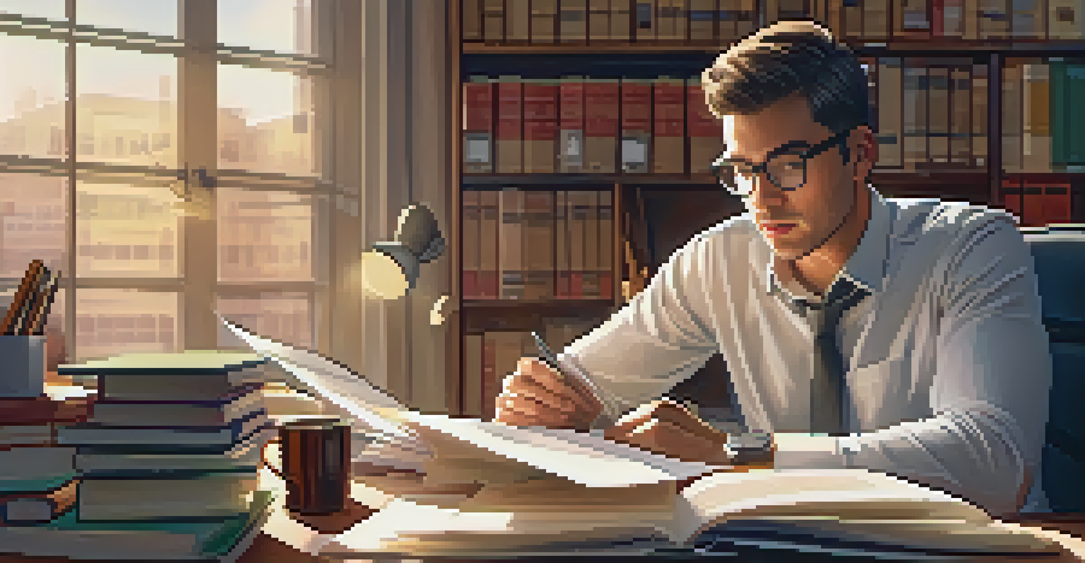 An employee reviewing stock option documents at a desk filled with financial papers and a laptop in a warm workspace.