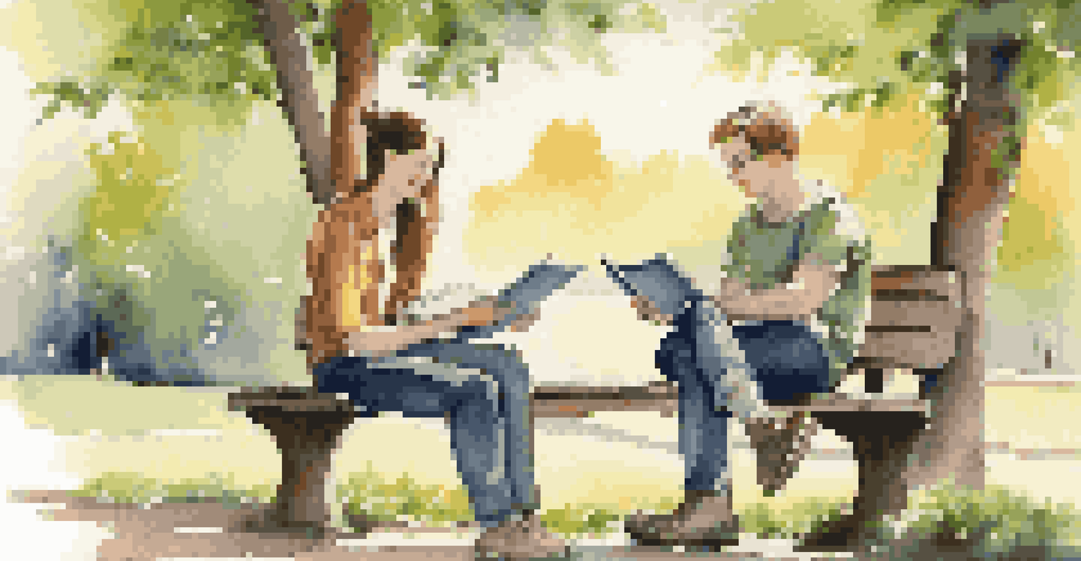 A young couple discussing financial goals on a park bench surrounded by greenery and sunlight, with a notebook and tablet in front of them.