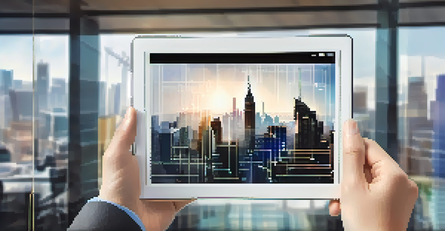 Hands holding a tablet showing diverse investment charts with a city skyline in the background.