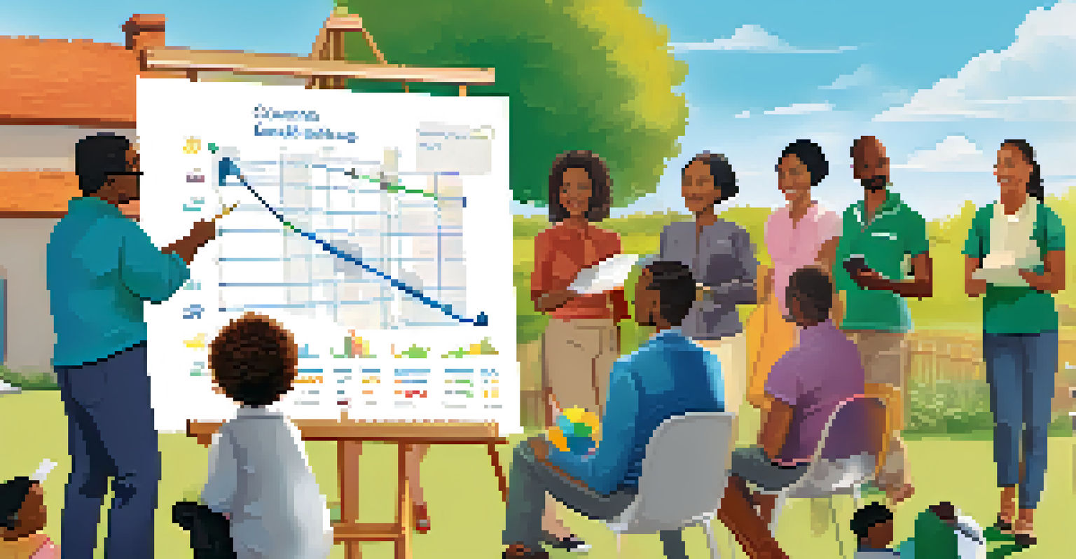 A community workshop focused on financial literacy, with a facilitator explaining investment concepts to an engaged audience outdoors.