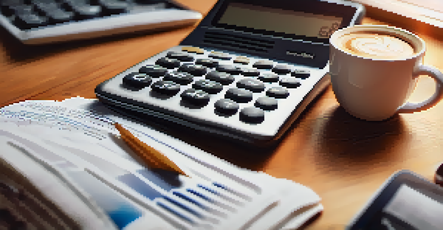 A hand using a calculator surrounded by financial documents and a coffee cup in a cozy home office.