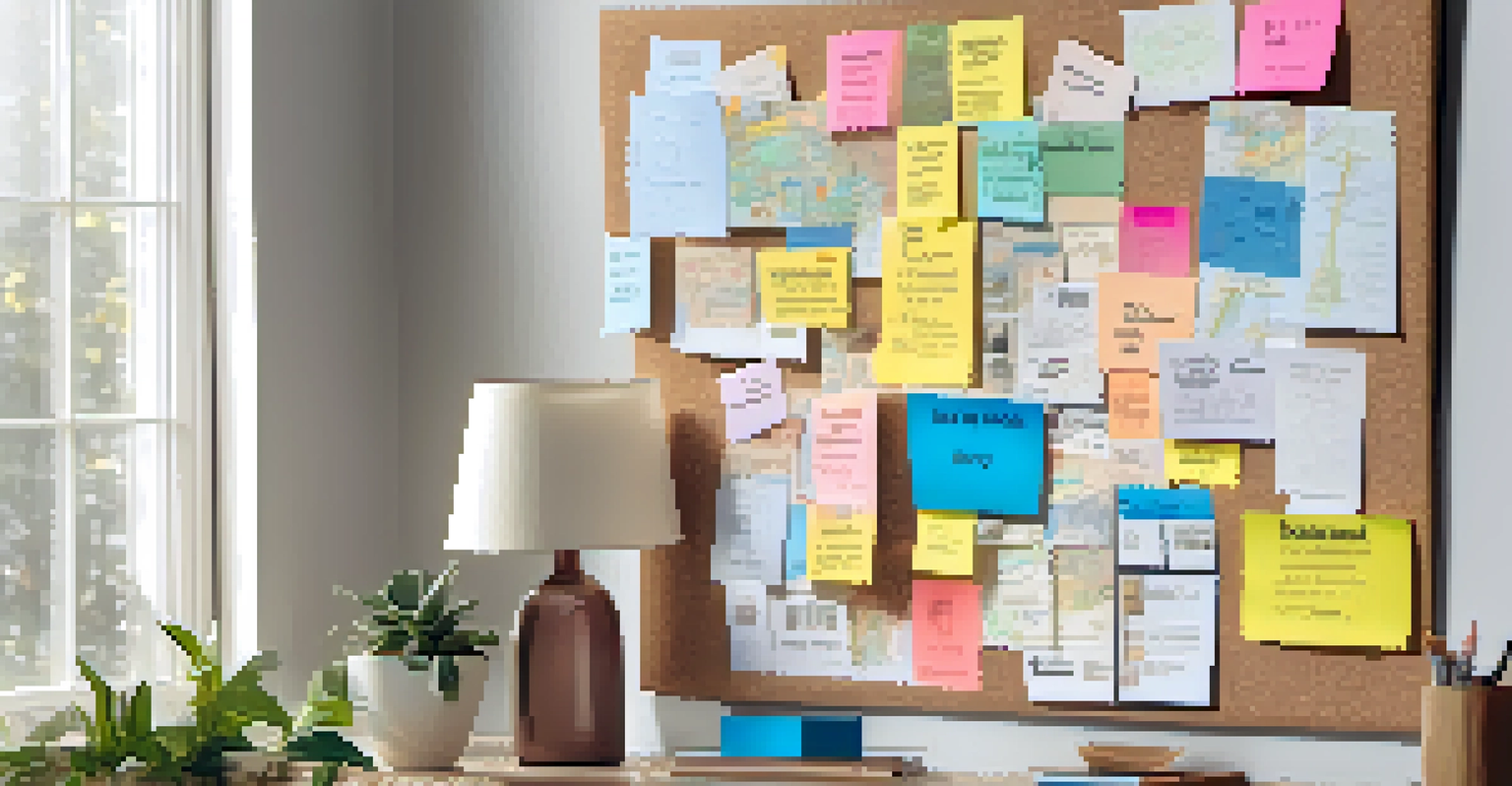 A vibrant vision board on a corkboard with images of a dream home and vacation destinations, surrounded by colorful sticky notes in a well-lit space.