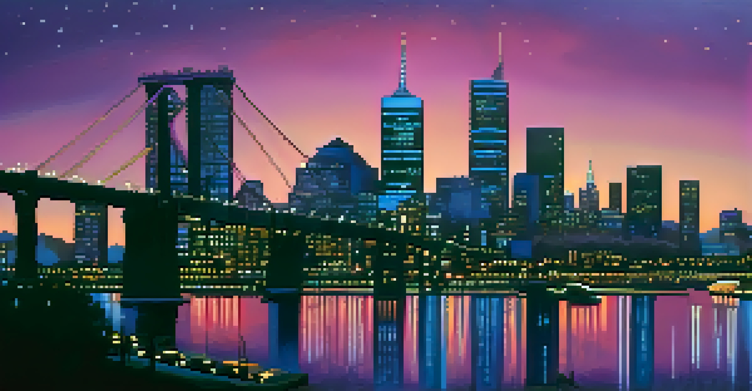 An urban skyline at twilight featuring modern skyscrapers and historic buildings, with a silhouette of a bridge over a river.