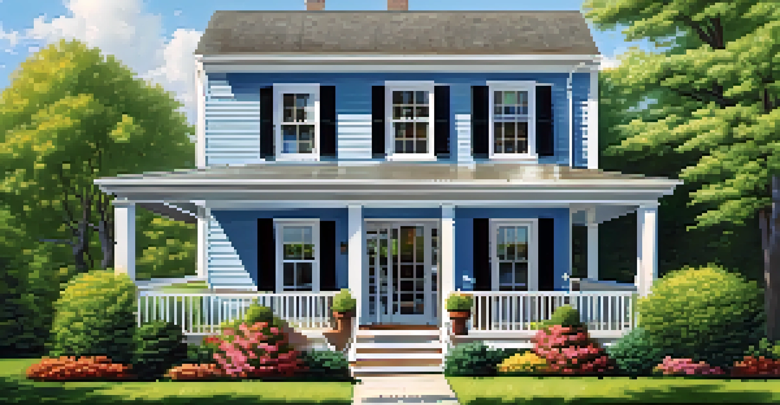 A charming rental property with a porch, flower beds, and a manicured lawn under a bright sunny sky.