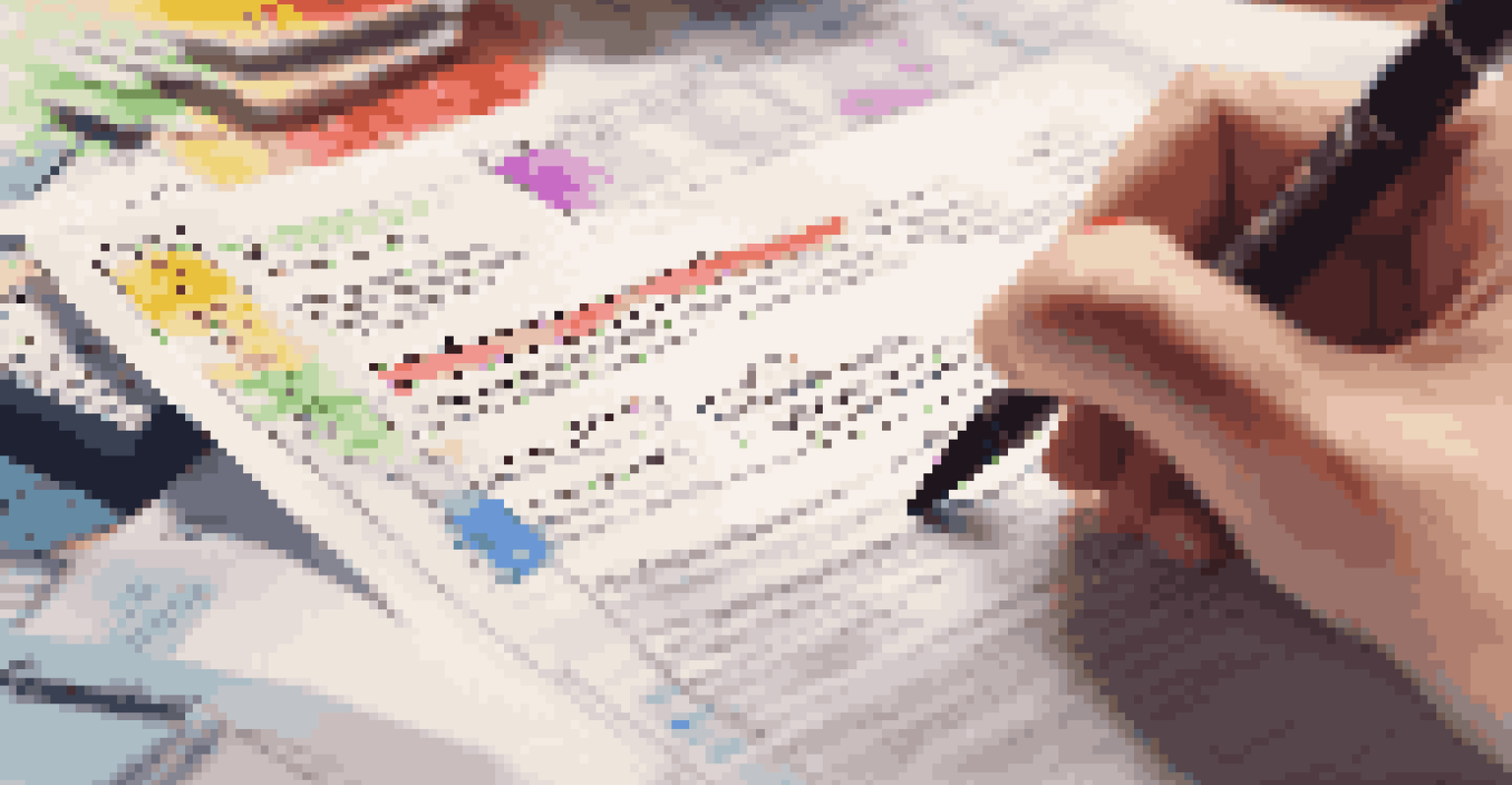 A close-up of a business professional examining a SWOT analysis document filled with notes and colorful markers in a warm office environment.