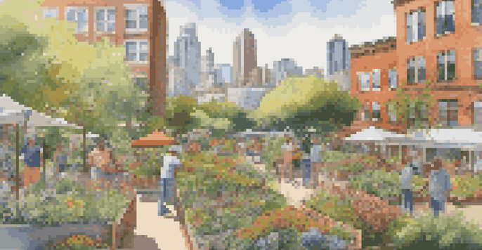 A colorful urban garden with people gardening, surrounded by tall buildings and bathed in warm sunlight.